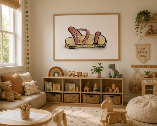 Little Red Sandal Art Print - Hand-Drawn Watercolor on Premium Matte Paper